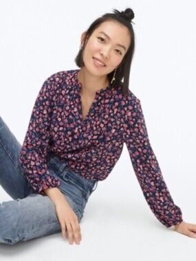 J.Crew Floral Blouse Top Size L Navy Pink Long Sleeve V-Neck Lightweight